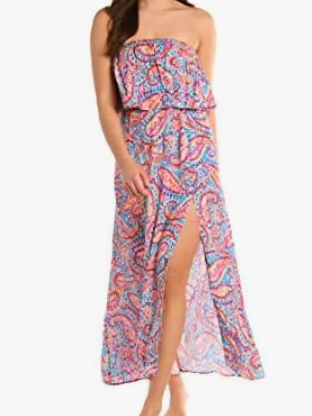 La Blanca Strapless Paisley Maxi Dress with Side Slit - Pink & Blue